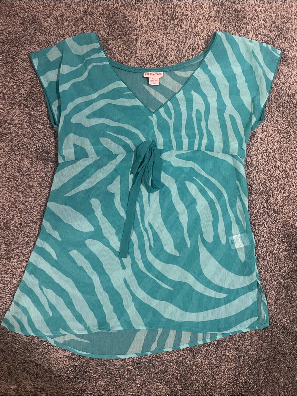 Y2K Guess Turquoise Zebra-Print V-Neck Tie-Front Blouse